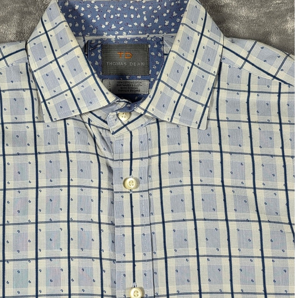 Thomas Dean Shirt Men Large Blue Windowpane Plaid Long Sleeve Cotton Button Down
